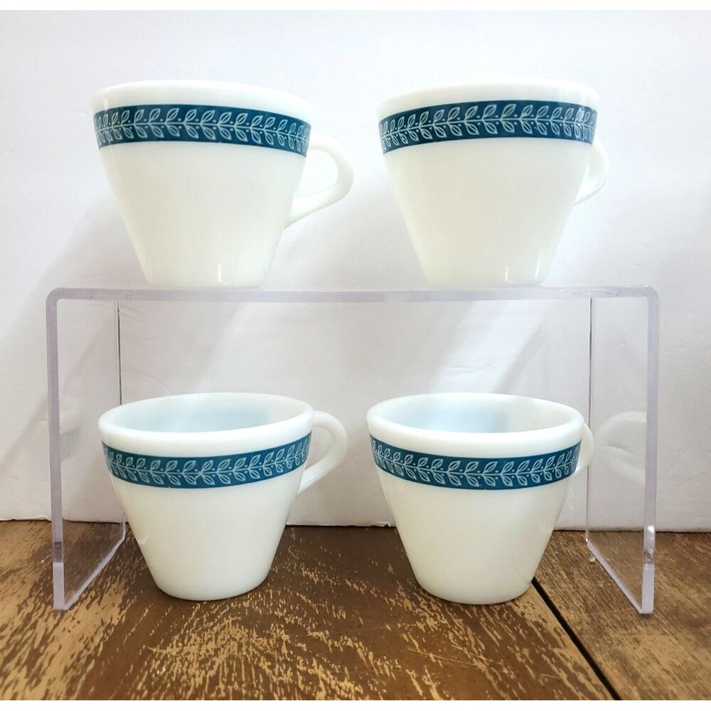 Vintage Pyrex Laurel Leaf Bluegrass Turquoise Teal Milk Glass Coffee Mug Set / 4